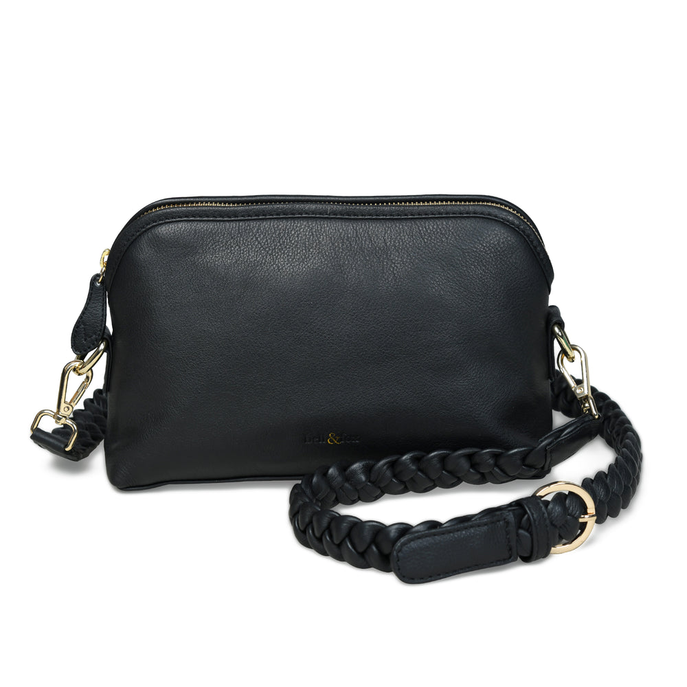 LAYLA Crossbody Bag with Hand Woven Strap in Black Leather