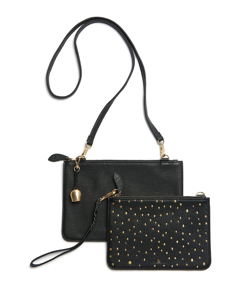 KATI Double Cross Body Bag - Black with Gold Dot Embroidery