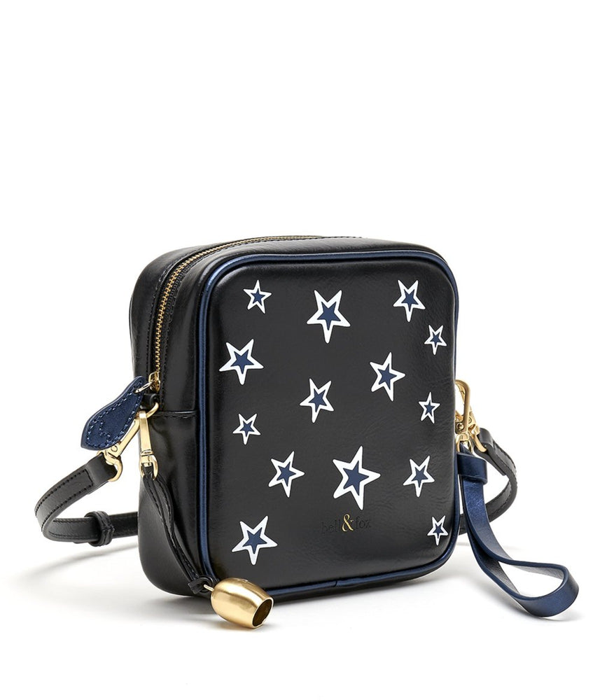 black star printed metallic leather mini crossbody bag