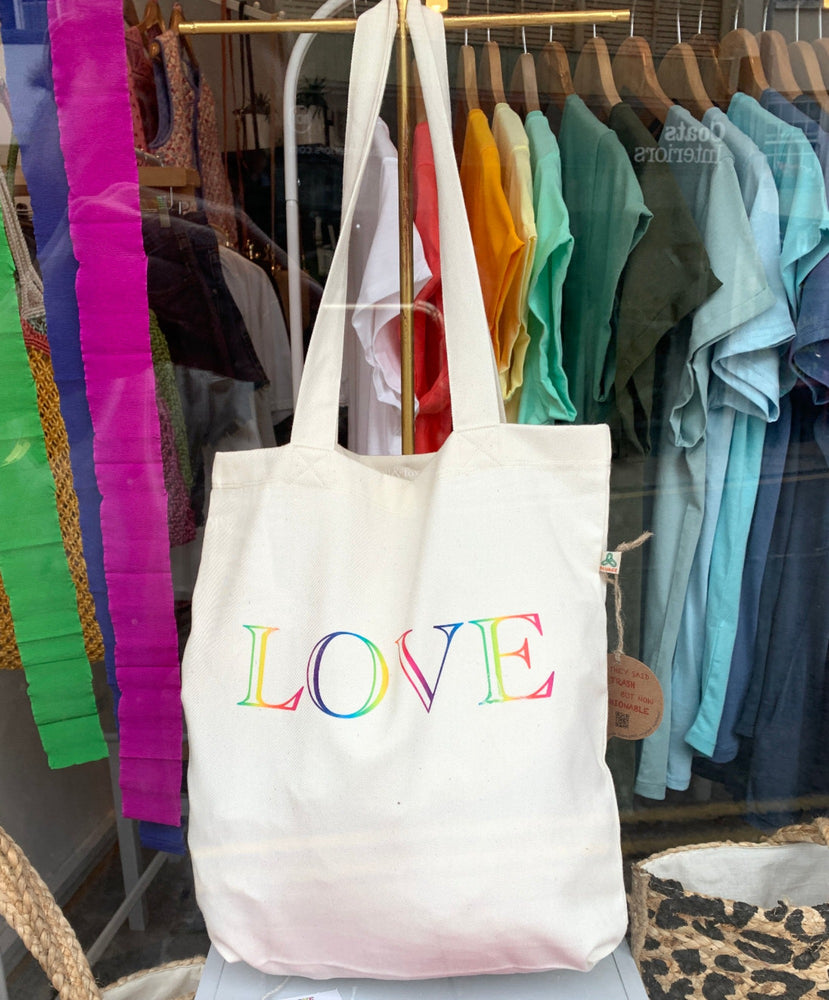 
                  
                    Load image into Gallery viewer, LOVE recycled fabric tote bag
                  
                
