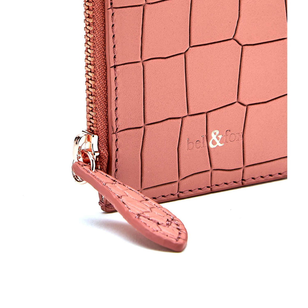 
                  
                    Load image into Gallery viewer, terracotta pink croc embossed leather credit card purse zip detail
                  
                