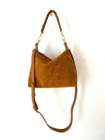 tan suede crossbody bag with leather strap