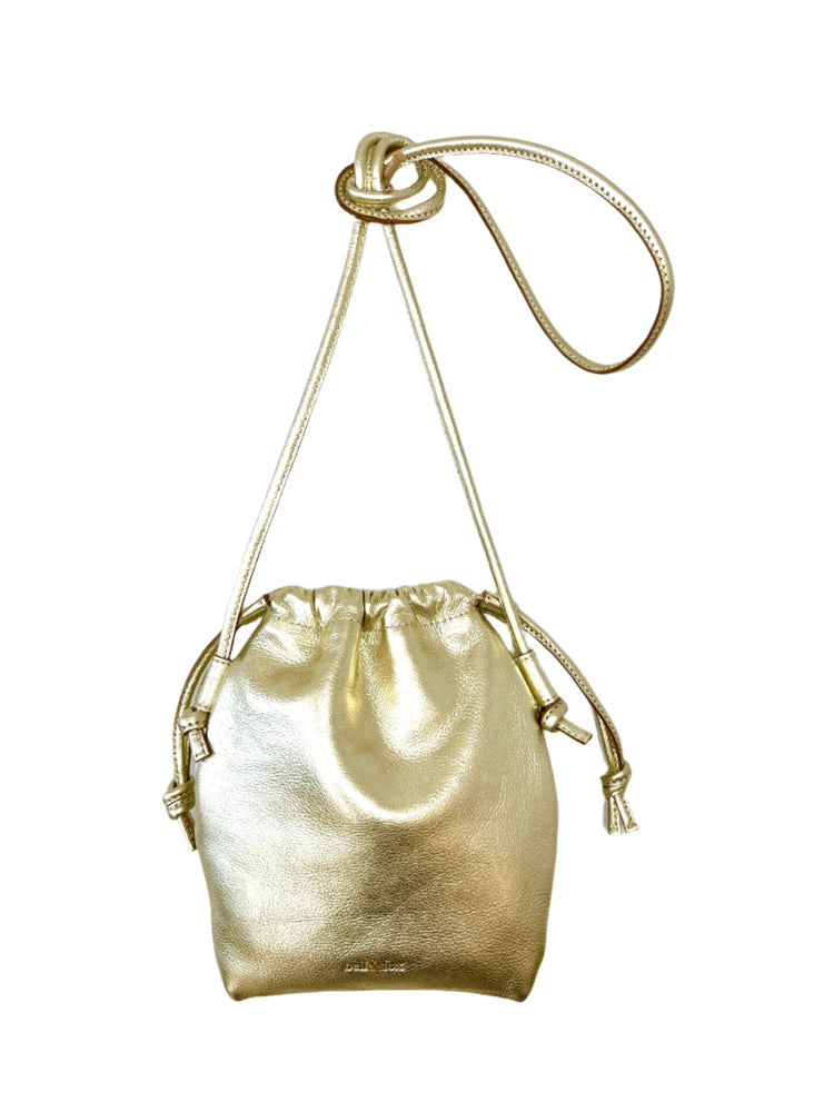 palegold metallic leather drawstring bag
