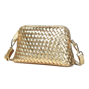 
                  
                    Load image into Gallery viewer, IRA Hand Woven Crossbody Bag in Dark Gold Metallic Leather
                  
                