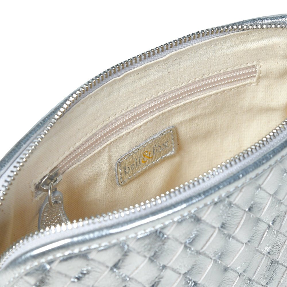 
                  
                    Load image into Gallery viewer, IRA Hand Woven Crossbody Bag in Silver Metallic Leather
                  
                