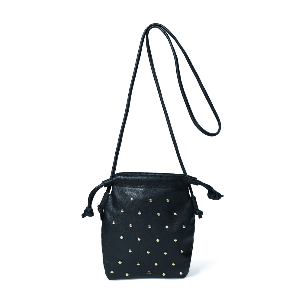 
                  
                    Load image into Gallery viewer, WILLOW STUD Drawstring Crossbody Bag in Black Leather with Silver Studs
                  
                