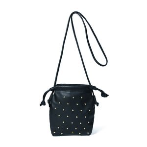
                  
                    Load image into Gallery viewer, WILLOW STUD Drawstring Crossbody Bag in Black Leather with Silver Studs
                  
                