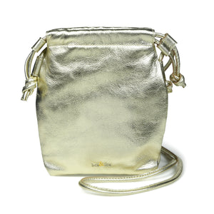 
                  
                    Load image into Gallery viewer, WILLOW Drawstring Crossbody Bag in Pale Gold Metallic Leather
                  
                