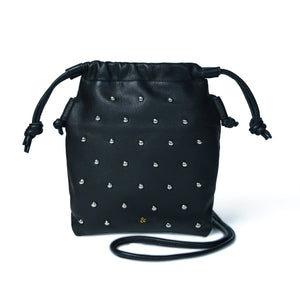 
                  
                    Load image into Gallery viewer, WILLOW STUD Drawstring Crossbody Bag in Black Leather with Silver Studs
                  
                