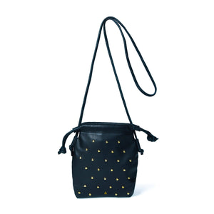 
                  
                    Load image into Gallery viewer, WILLOW STUD Drawstring Crossbody Bag in Black Leather with Gold Studs
                  
                