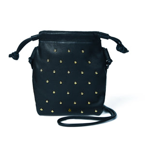 
                  
                    Load image into Gallery viewer, WILLOW STUD Drawstring Crossbody Bag in Black Leather with Gold Studs
                  
                