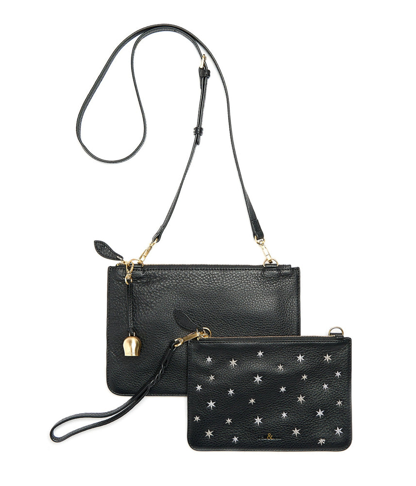 KATI Double Cross Body Bag - Black with Star Embroidery