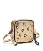 gold metallic leather star printed leather square crossbody bag