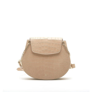 
                  
                    Load image into Gallery viewer, saddle crossbody bag in camel croc leather with gold colour chain detail
                  
                