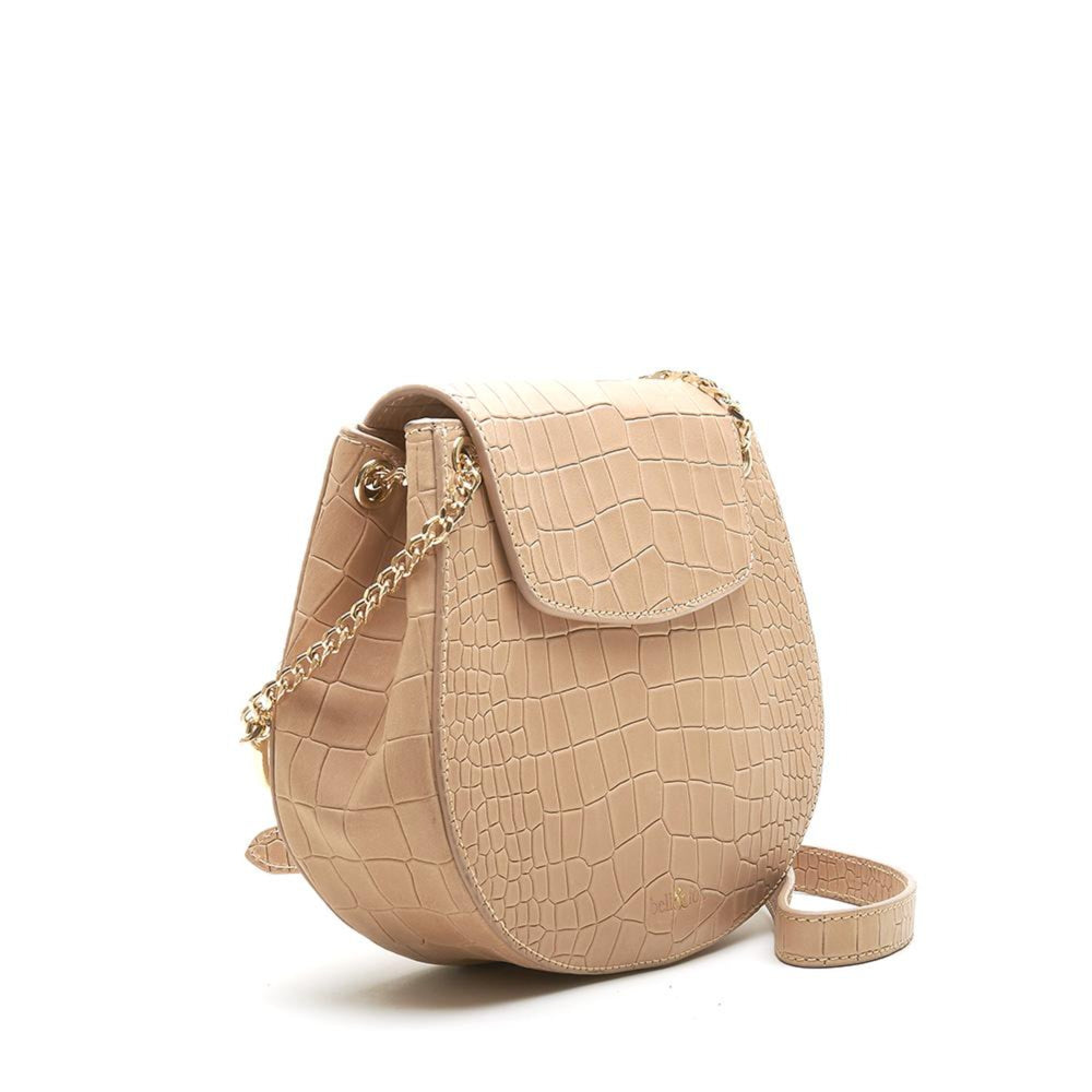 
                  
                    Load image into Gallery viewer, saddle crossbody bag in camel croc leather with gold colour chain detail
                  
                