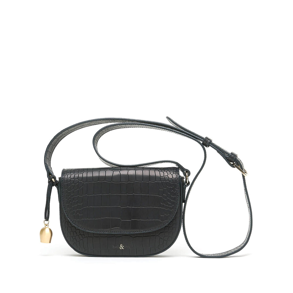 
                  
                    Load image into Gallery viewer, black croc leather saddle cross body bag
                  
                