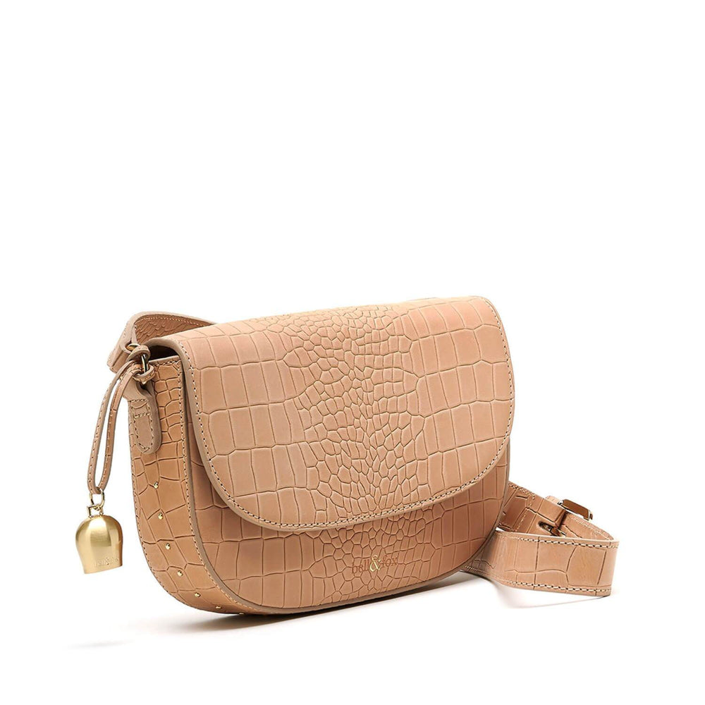 
                  
                    Load image into Gallery viewer, camel tan croc leather saddle crossbody bag
                  
                