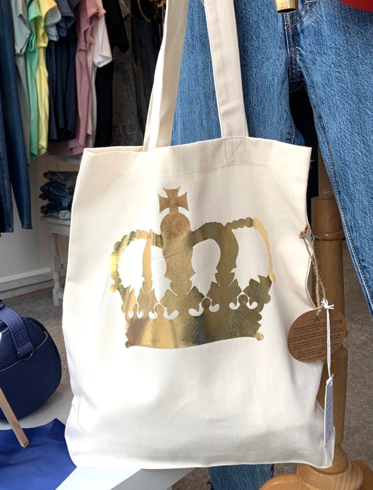 
                  
                    Load image into Gallery viewer, gold crown recycled fabric shopper
                  
                